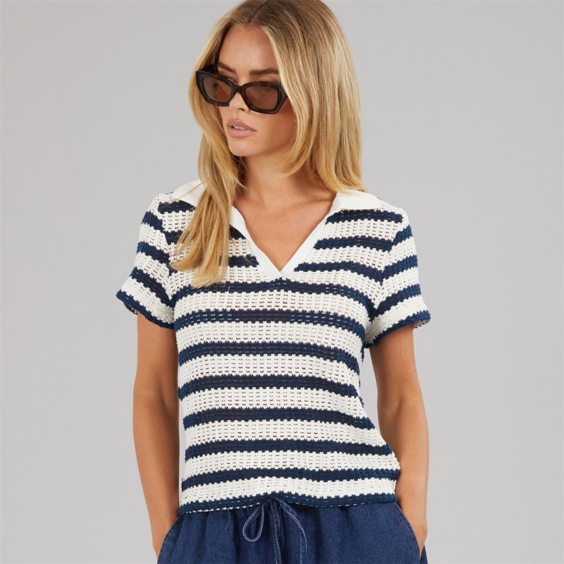 Brave Soul Dame stribet polo t shirt Cream/Navy - Billede 3