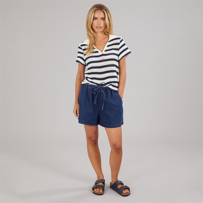 Brave Soul Dame stribet polo t shirt Cream/Navy - Billede 4