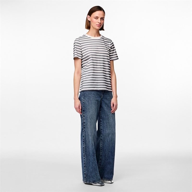 Pieces Dame Ria Stribet T-shirt Ultimate Grey - Billede 2