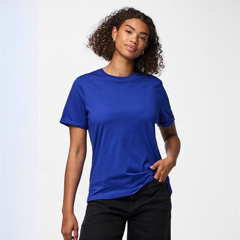 Pieces Dame Ria fold op ensfarvet t shirt Mazarine Blue - Billede 1
