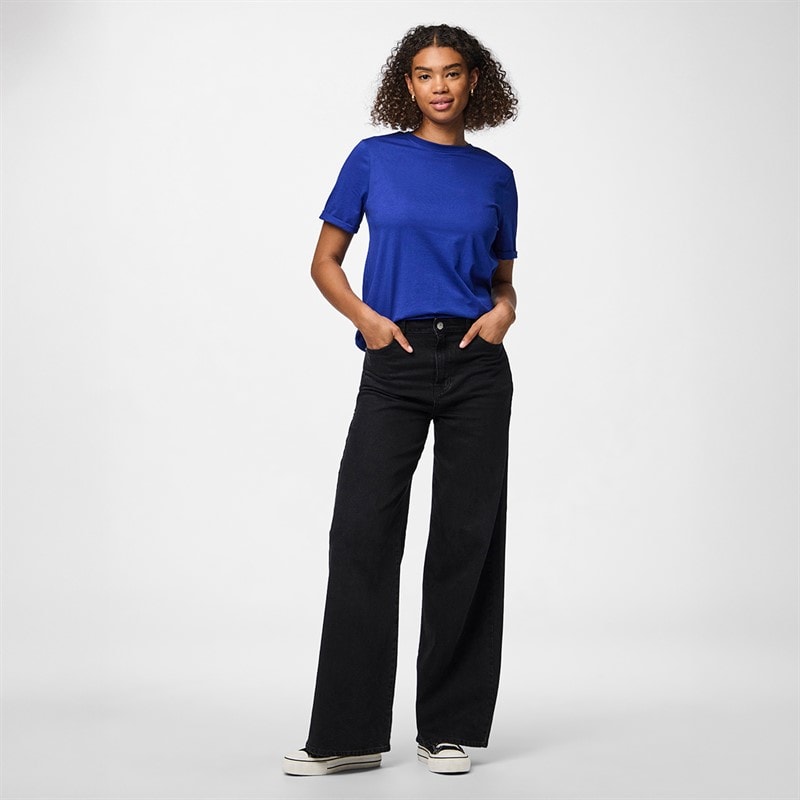 Pieces Dame Ria fold op ensfarvet t shirt Mazarine Blue - Billede 2