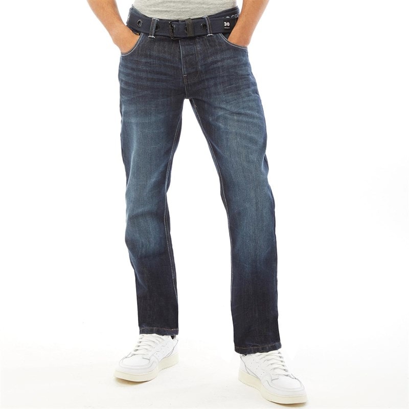 Crosshatch Herre Nye Prægede Techno Straight Fit Jeans Mørk Vask - Billede 3