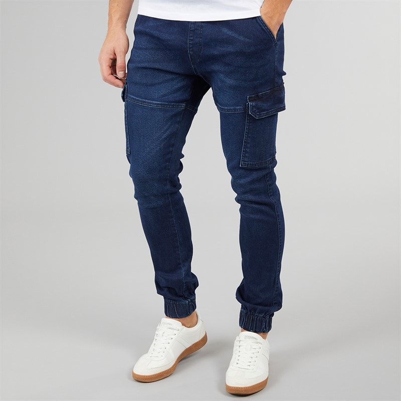 Crosshatch Herre Malimore Denim Manchet Cargo Bukser Mørk Vask