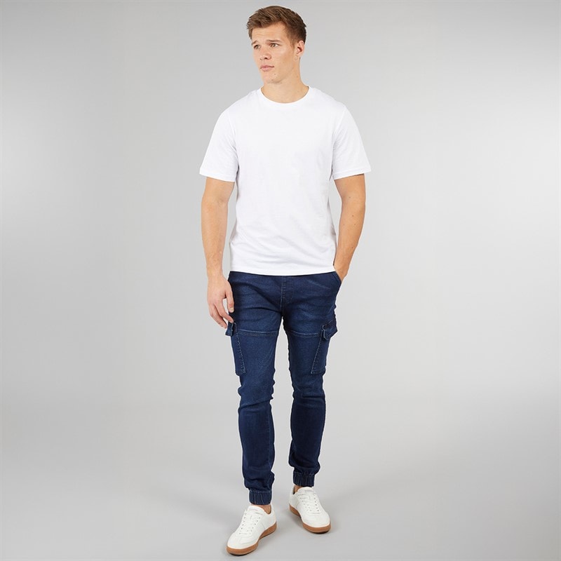 Crosshatch Herre Malimore Denim Manchet Cargo Bukser Mørk Vask - Billede 3
