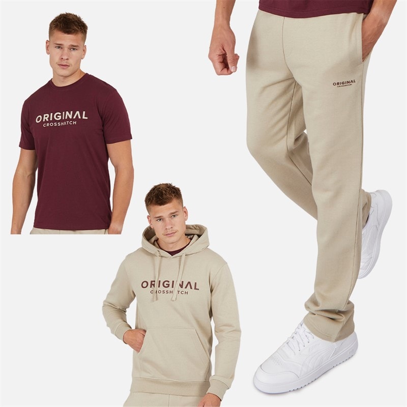 Crosshatch Herre Chemberry Hættetrøje T-shirt Og Joggingbukser Med Åben Kant Sæt Stone/Burgundy