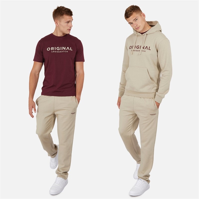 Crosshatch Herre Chemberry Hættetrøje T-shirt Og Joggingbukser Med Åben Kant Sæt Stone/Burgundy - Billede 3