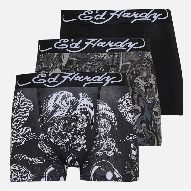 Ed Hardy Herre Greenbrow Tre Pak Boxer Shorts Sort Black Aop/Sort/Black Aop