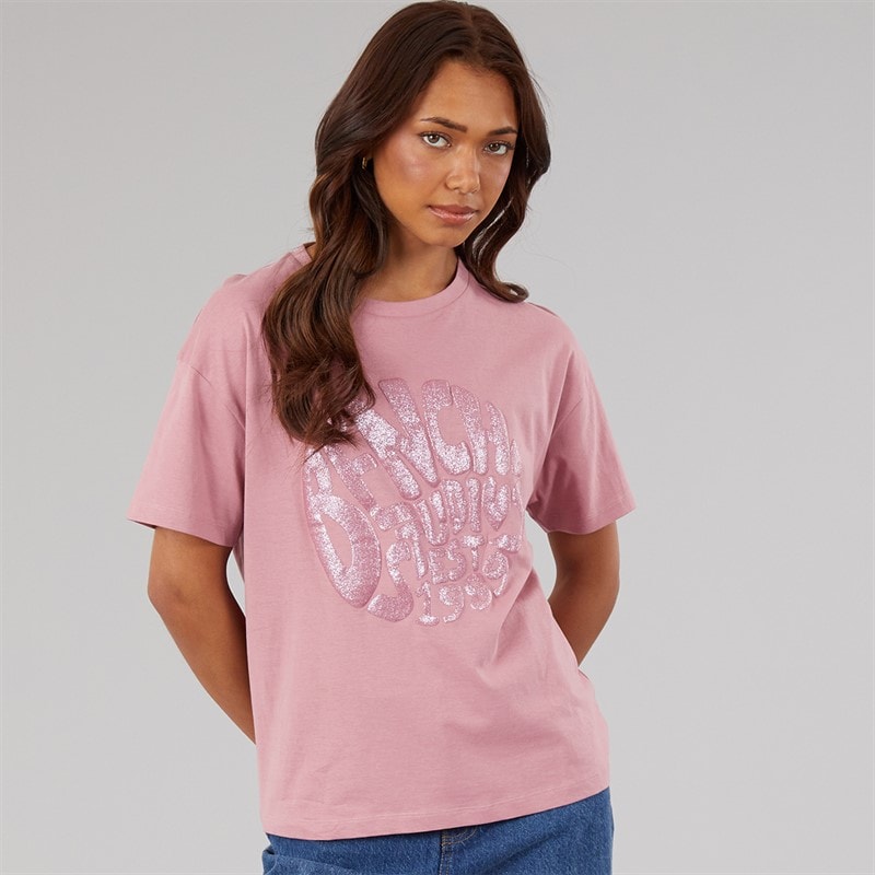 Bench Dame Jana Boxy T Shirt Med Glitter Grafisk Nostalgic Pink