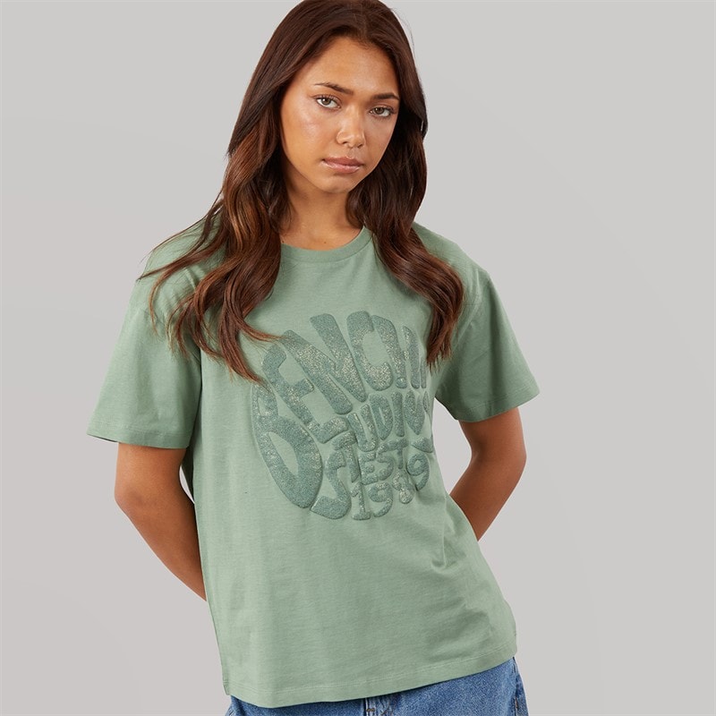 Bench Dame Jana Boxy T Shirt Med Glitter Grafisk Sage Green