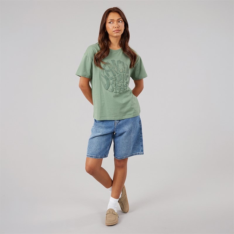 Bench Dame Jana Boxy T Shirt Med Glitter Grafisk Sage Green - Billede 3