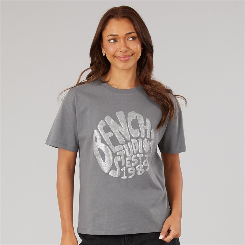 Bench Dame Jana Boxy T Shirt Med Glitter Grafisk Charcoal - Billede 3