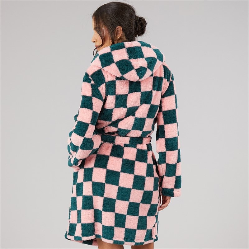 Board Angels Damen Wellsoft Kariert Kapuzen Morgenmantel Pink/Green Check - Billede 2