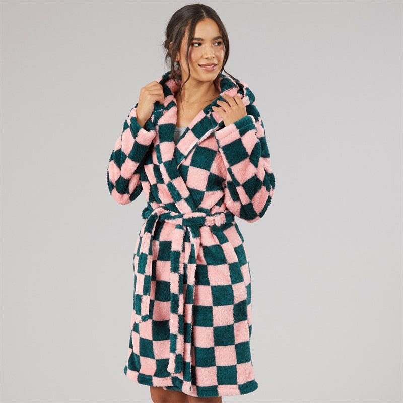 Board Angels Damen Wellsoft Kariert Kapuzen Morgenmantel Pink/Green Check - Billede 3