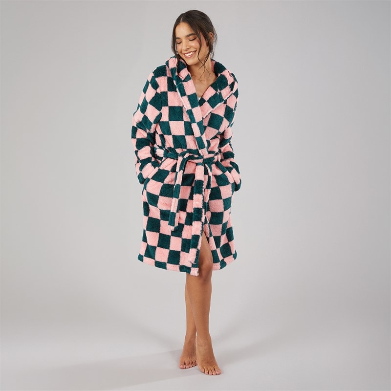 Board Angels Damen Wellsoft Kariert Kapuzen Morgenmantel Pink/Green Check - Billede 4