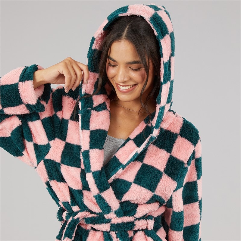 Board Angels Damen Wellsoft Kariert Kapuzen Morgenmantel Pink/Green Check - Billede 5