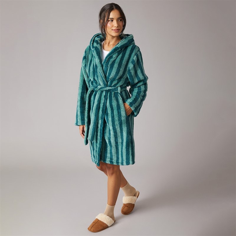 Board Angels Dame Wellsoft Hætteklædt Stribet Morgenkåbe Green Stripe - Billede 4