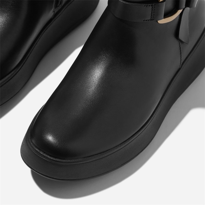 FitFlop Dame F-Mode Spændte Læder Flatform Ankelstøvler Sort - Billede 4