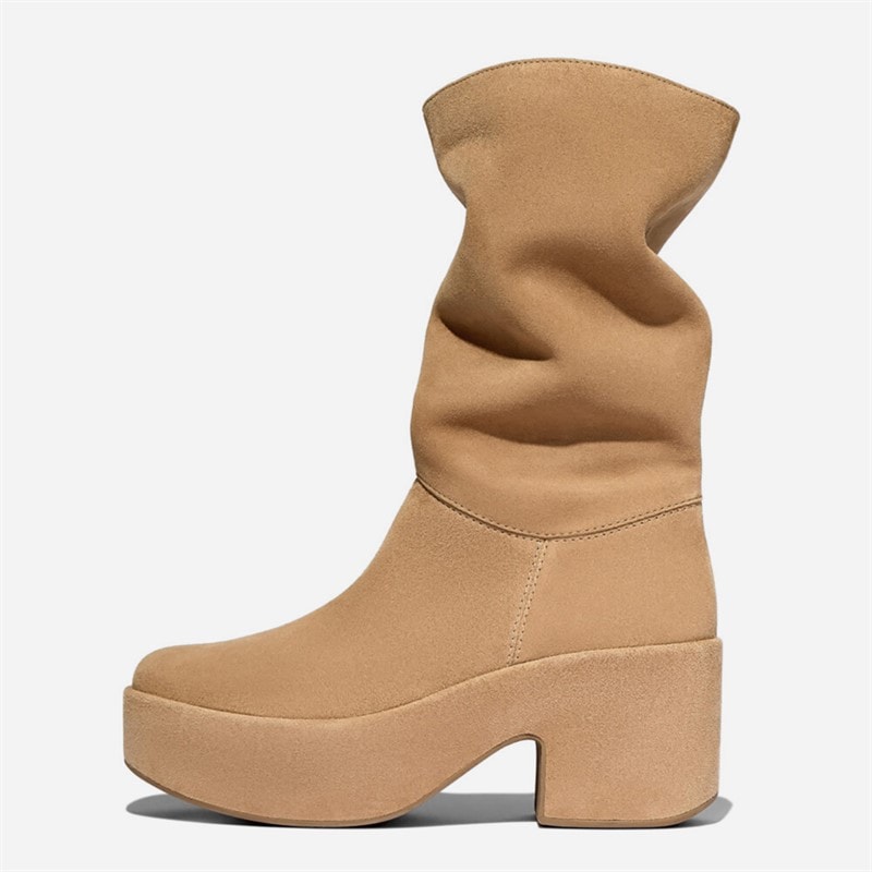FitFlop Dame Platform Slouch Ruskind Hælede Støvler Desert Tan