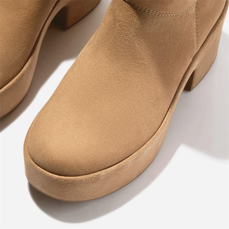 FitFlop Dame Platform Slouch Ruskind Hælede Støvler Desert Tan - Billede 4