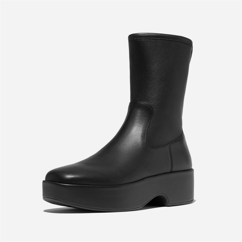 FitFlop Dame F-Luma Stretch Læder Demi Kile Midten af Læggen Støvler Sort