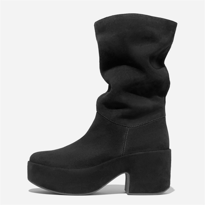FitFlop Dame Platform Slouch Ruskind Hælede Støvler All Black