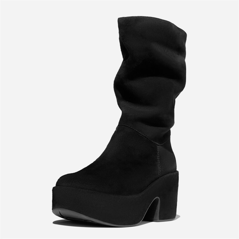 FitFlop Dame Platform Slouch Ruskind Hælede Støvler All Black - Billede 5