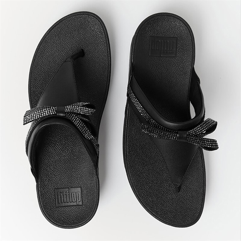 FitFlop Dame Lulu Glitz Sløjfe Læder Tå Rem Sandaler All Black - Billede 4