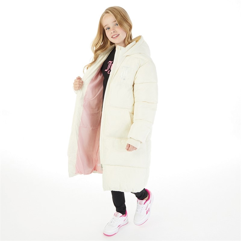 Juicy Couture Piger Lang Linie Puffer Jakke Vanilje Is - Billede 3