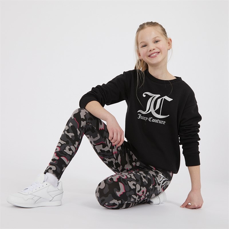 Juicy Couture Piger Oversized Crew Sweatshirt og Abstrakt Leggings Tracksuit Sæt Sort