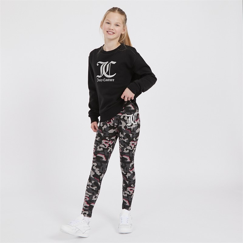 Juicy Couture Piger Oversized Crew Sweatshirt og Abstrakt Leggings Tracksuit Sæt Sort - Billede 3