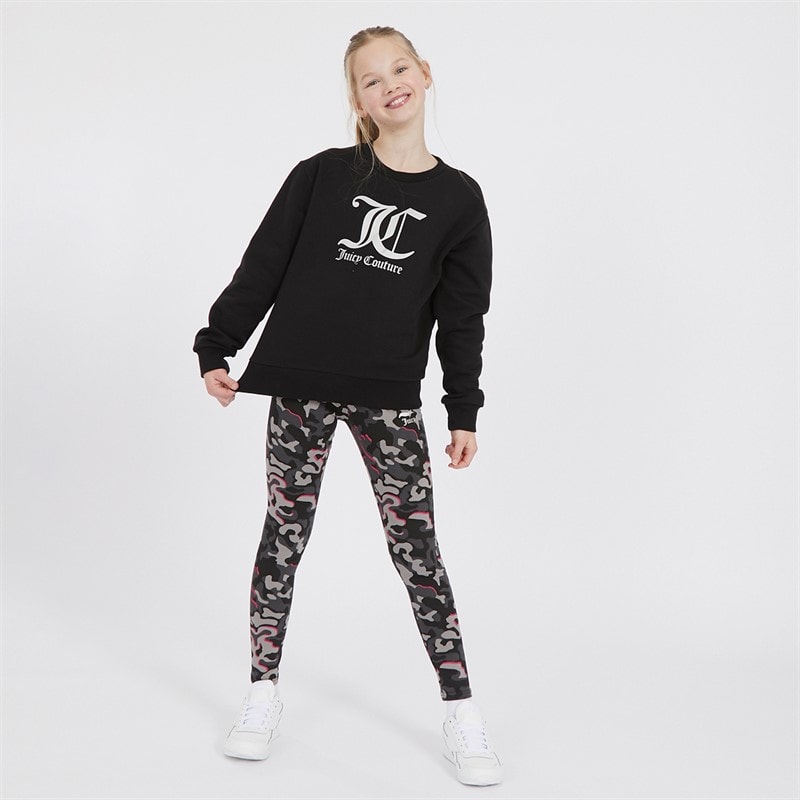 Juicy Couture Piger Oversized Crew Sweatshirt og Abstrakt Leggings Tracksuit Sæt Sort - Billede 4