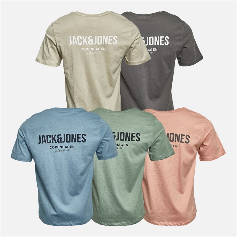 JACK & JONES Herre Jeff Orion T-shirts 5-pak Moonbeam/Castlerock/Mountain Spring/Coral Almond/Iceberg Green - Billede 2