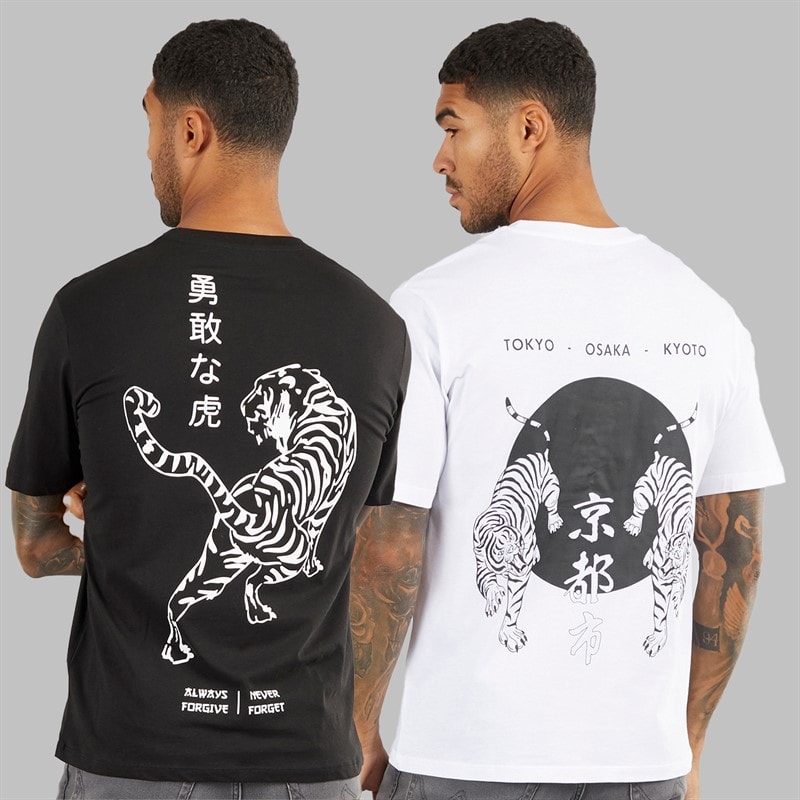 JACK & JONES Herre Afslappet Pasform Ryg Print To Pakke T-Shirts Sort/Hvid - Billede 1