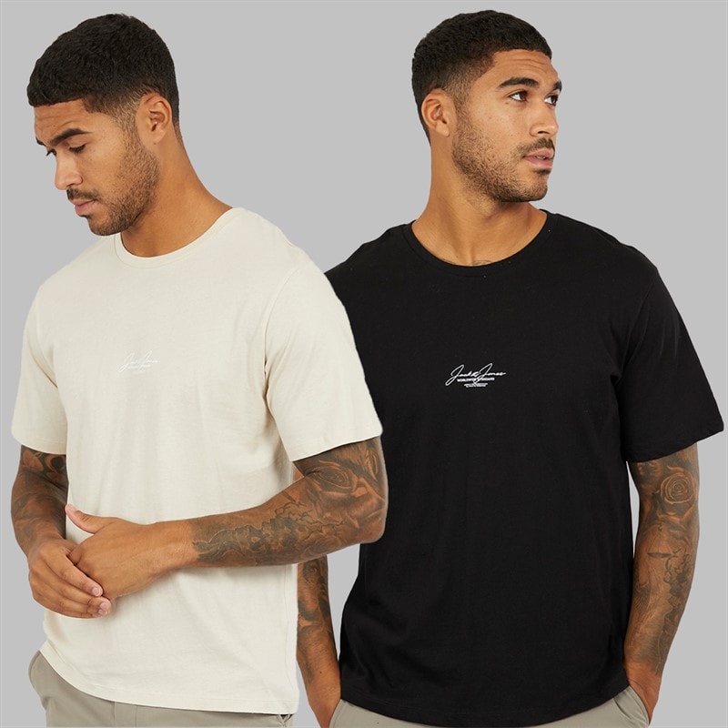 JACK & JONES Herre Cover Script To Pak Løse T-shirts Sort/Moonbeam