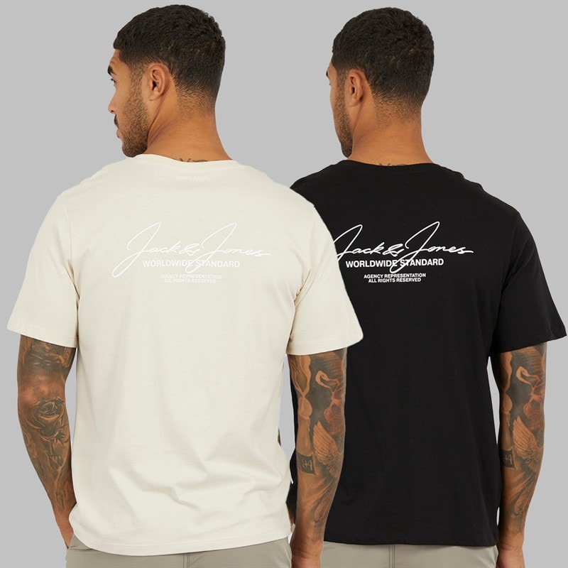 JACK & JONES Herre Cover Script To Pak Løse T-shirts Sort/Moonbeam - Billede 2