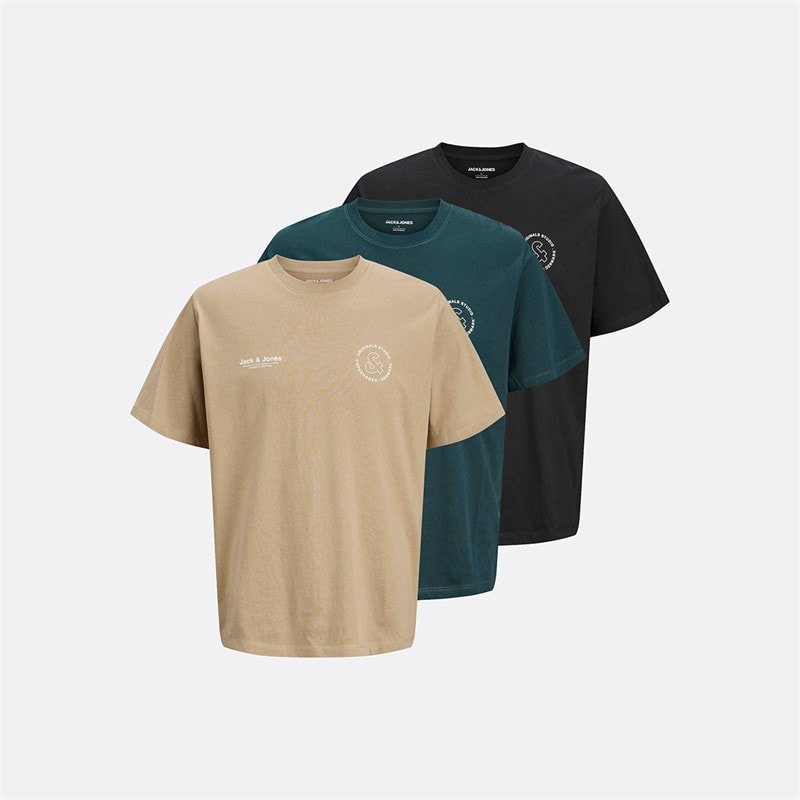JACK & JONES Herre Vesterbro Sport Tre Pak Afslappet Pasform T-shirts Insignia Blå / Sølv Salvie / Magisk Skov - Billede 1