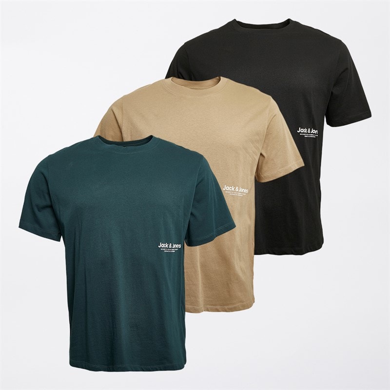 JACK & JONES Herre Vesterbro Side Tre Pak Afslappet Pasform T-shirts Sort/Sølv Mink/Magisk Skov - Billede 1