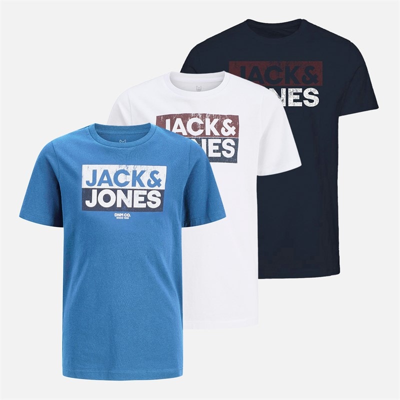 JACK & JONES Drenge Atfal Tre Pakke T-shirts Colbalt Blå / Hvid / Navy Print - Billede 1