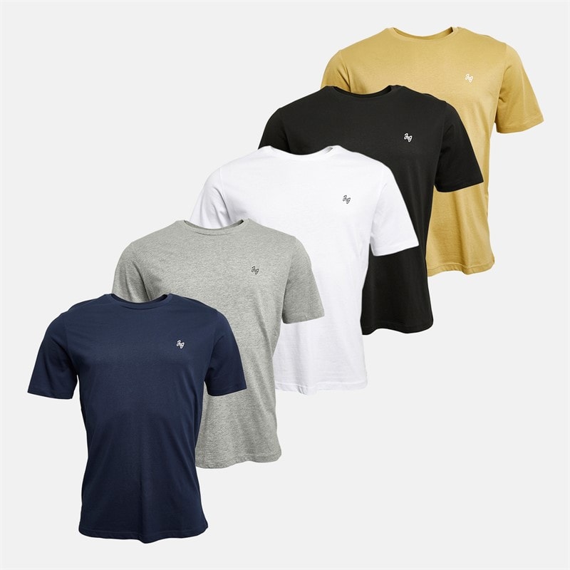 JACK & JONES Herre Joseph Fem Pak T-shirts Navy/Hvid/Grå/Khaki/Sort - Billede 1