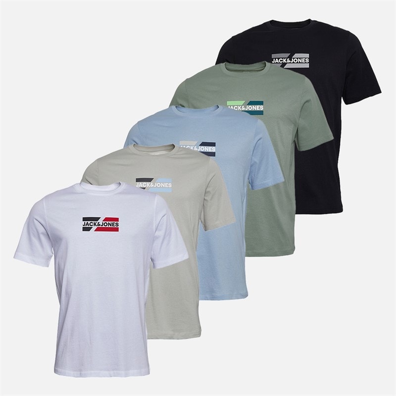 JACK & JONES Herre Slash Fem Pak T-shirts Bright White/Sort/Cashmere Blue/Iceberg Green/Glacier Grey - Billede 1