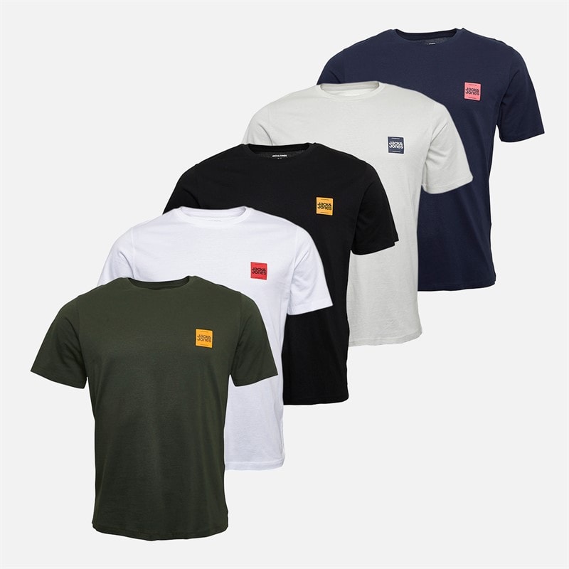 JACK & JONES Herre Brandy Fem Pak T shirts Sort/Hvid/Duffle Bag/Navy Blazer/Glazier Grey - Billede 1