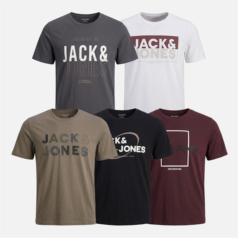 JACK & JONES Herre Josh Fem Pak T-shirts Port Royale/Sort/Hvid/Asphalt/Falcon
