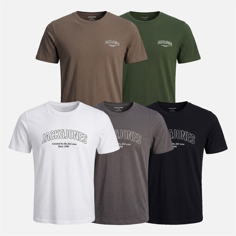 JACK & JONES Herre Gavin Fem Pak T-shirts Hvid/Duffle Bag/Asphalt/Falcon/Sort