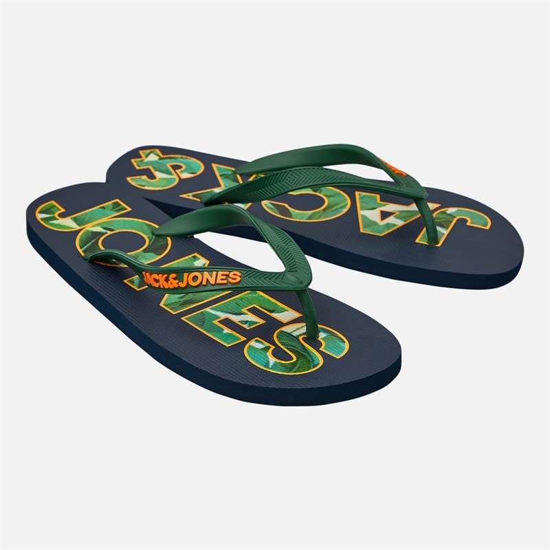 JACK & JONES Herre Palm Print Logo Flip Flops Navy Blazer/Verdant Green - Billede 1