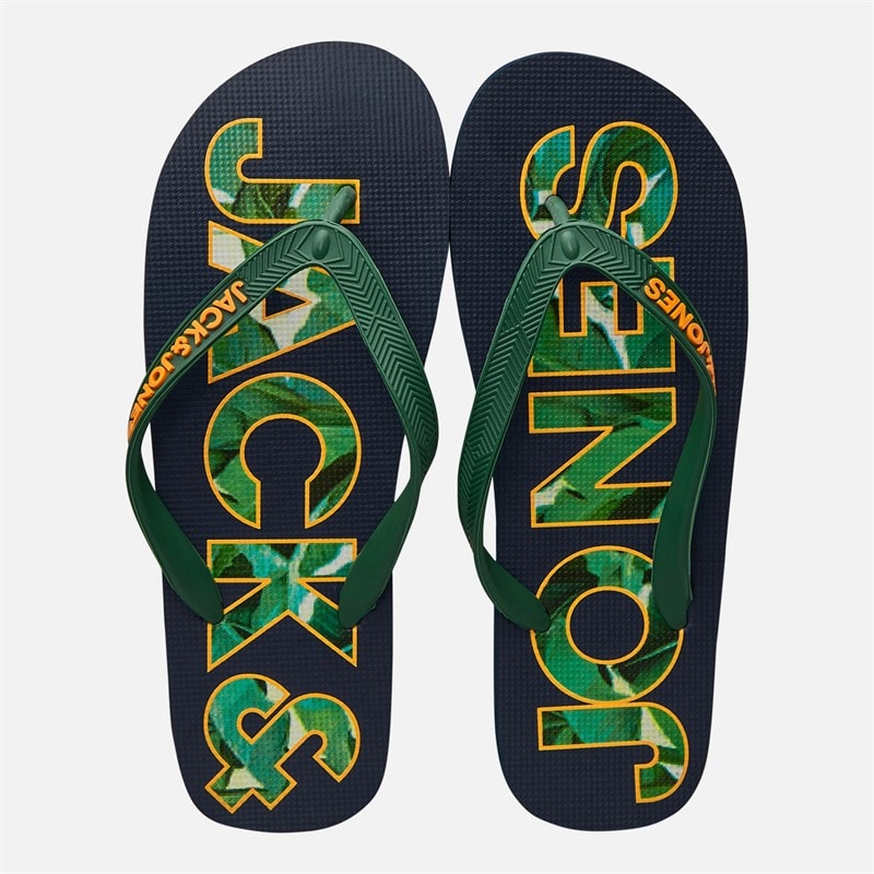 JACK & JONES Herre Palm Print Logo Flip Flops Navy Blazer/Verdant Green - Billede 4