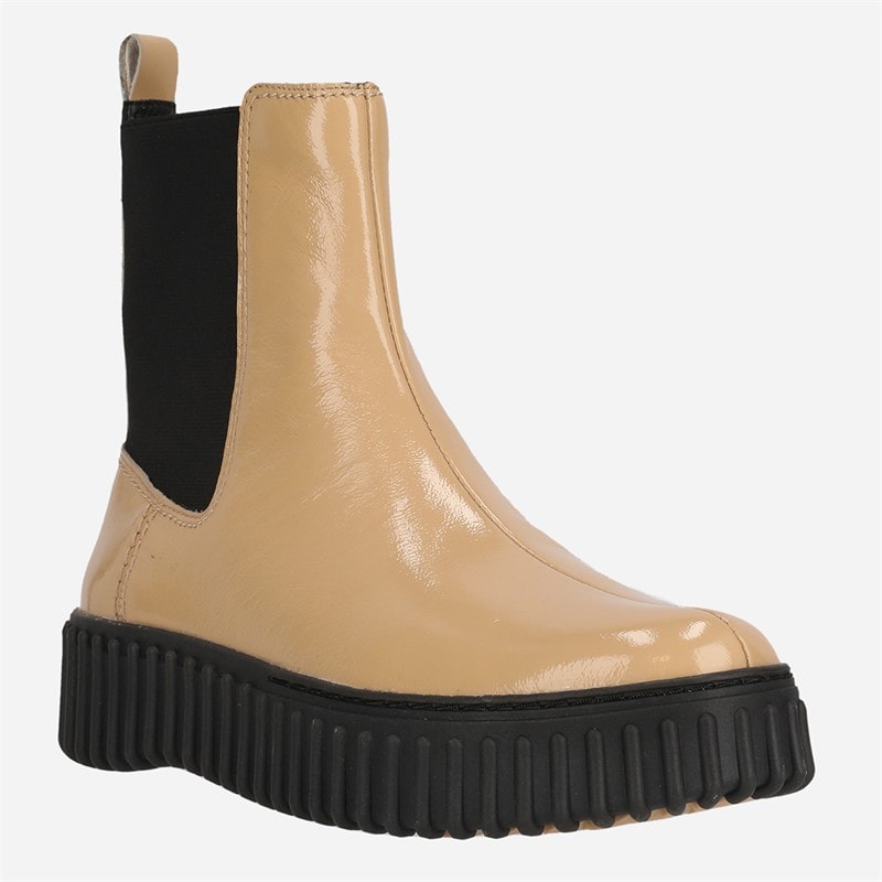 Clarks Dame Evo Wallabee Sko Sort Ruskind Beige Patent - Billede 2