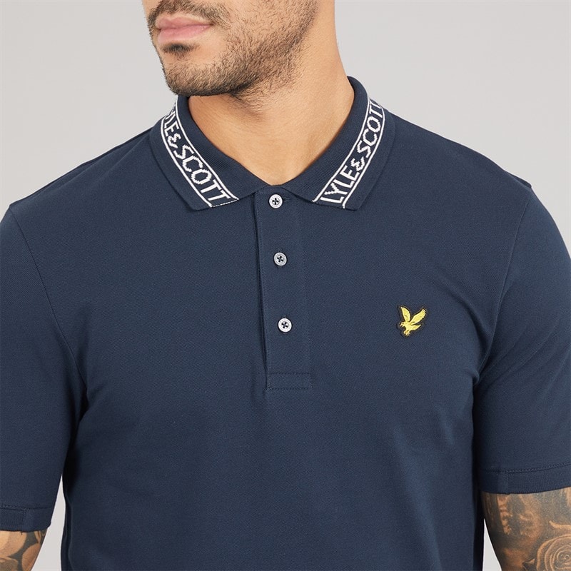 Lyle And Scott Vintage Herre Logo Ribstrikket Polo Shirt Y070 Dark Navy/Bone White - Billede 3
