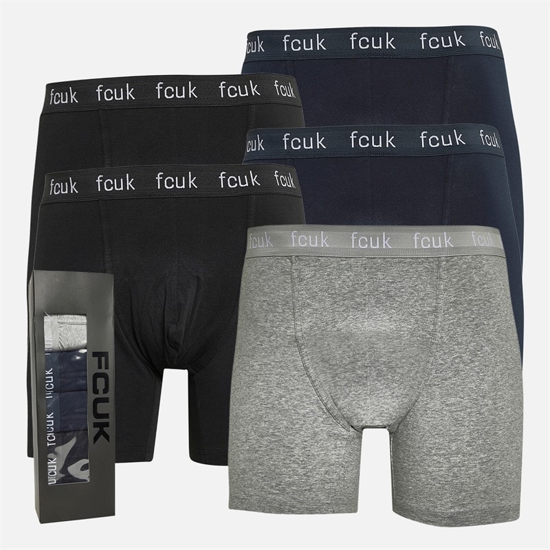 French Connection Herre Fem Pakke FCUK Lang Boxer Underbukser FCUK 80 Sort / Marine / Lys Grå Melange / Sort / Marine - Billede 1