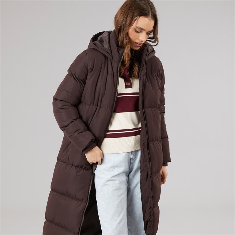 French Connection Dame Række Lang Puffer Frakke Chocolate - Billede 3