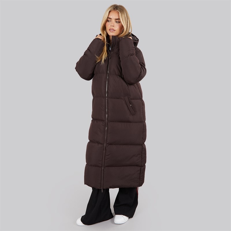 French Connection Dame Række Lang Puffer Frakke Chocolate - Billede 4